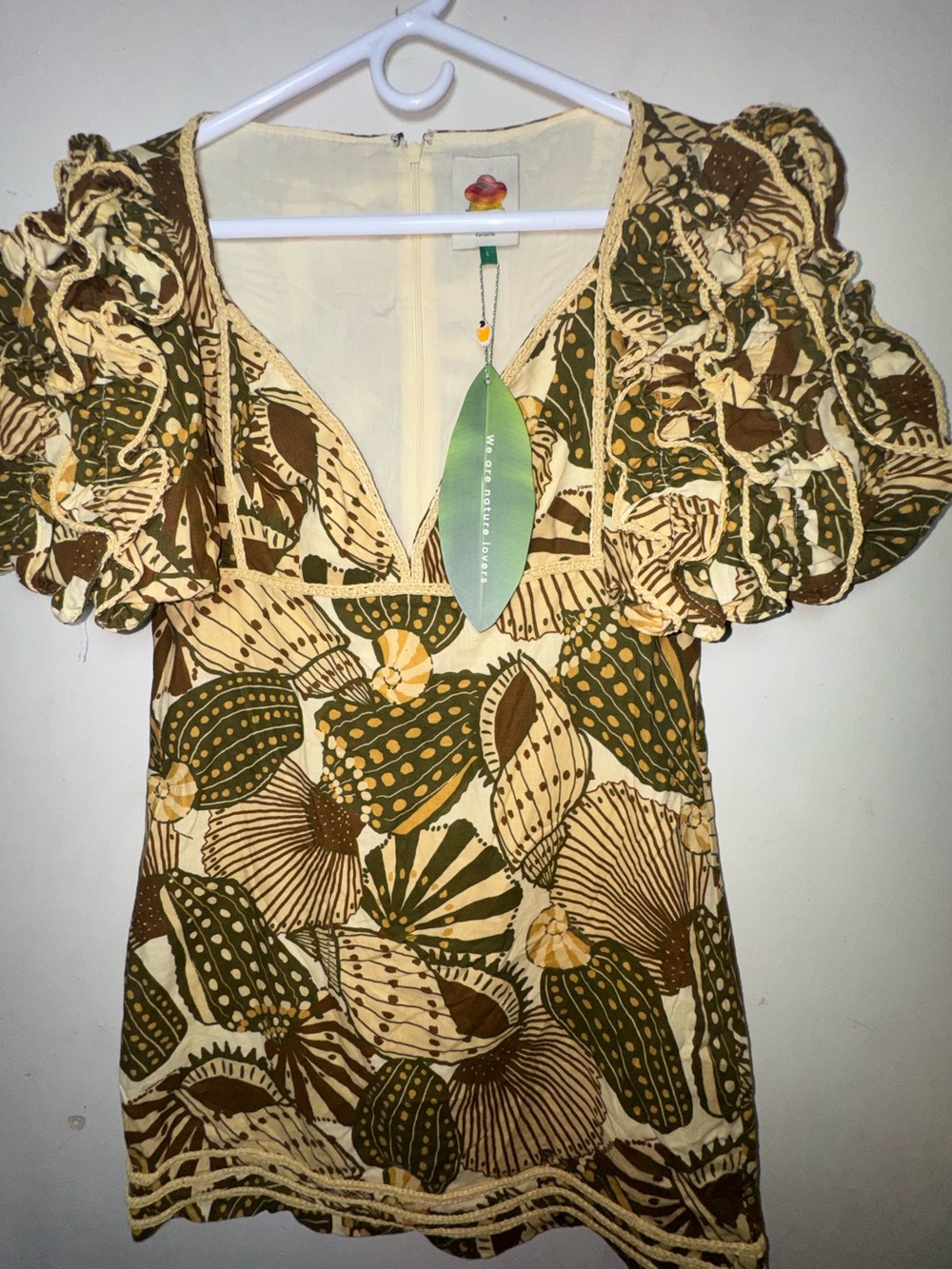 NWT Farm Rio Sand Shell Boho  puff sleeve Mini Dress - Picture 12 of 12
